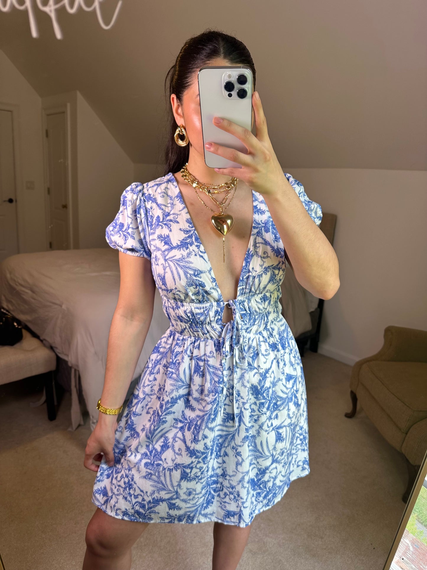Blue Vines Plunge Neckline Mini Dress
