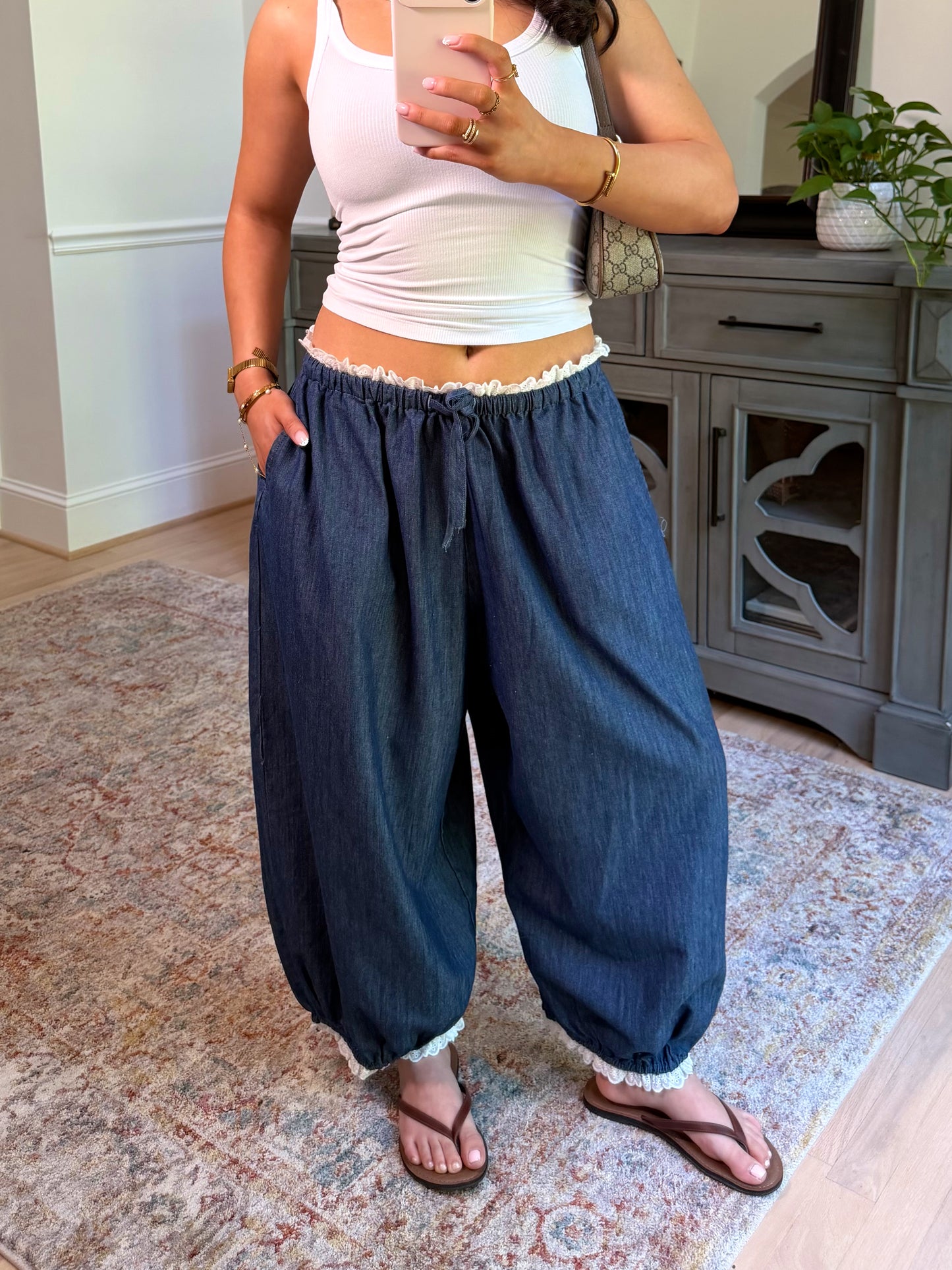 Chic Ease Denim Lace-Trim Pants