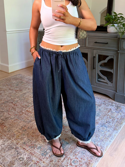 Chic Ease Denim Lace-Trim Pants