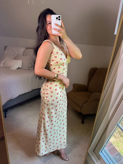 Yellow & Red Floral Satin Midi Dress
