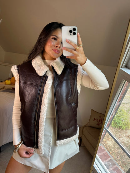 Brown Leather Sherpa Zip-Up Vest