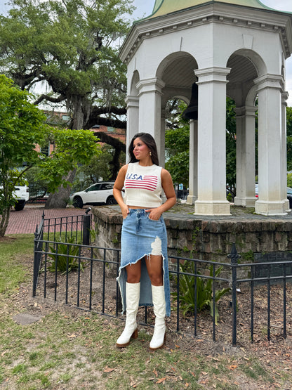 High-Low Distressed Denim Skirt