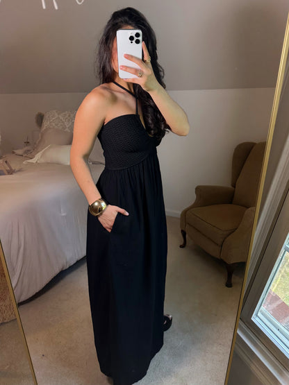 Vacation Black Halter Crochet Maxi Dress