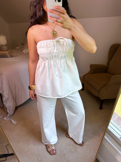 Ruched Top & Pant White Denim Set
