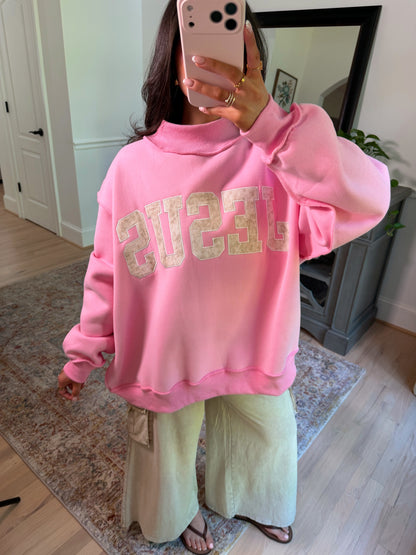 ‘JESUS’ Camo Embroidered Pink Mockneck