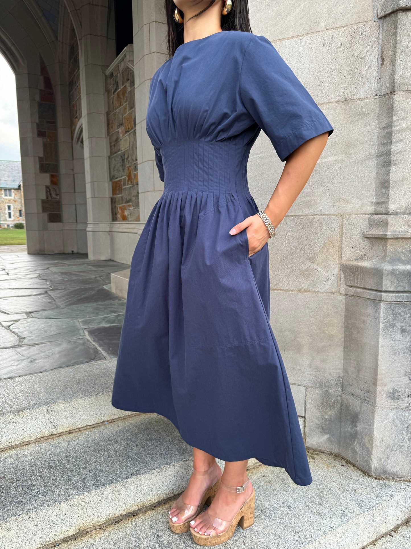 Navy Pleated Dress