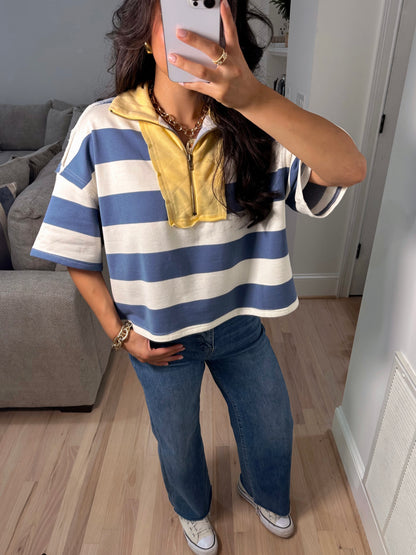 Blue & Yellow Zip-Up Polo Top