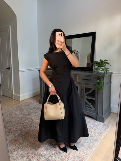 Black Magnolia Pleated Midi Dress