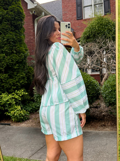 Sage Green Striped Open Front Top & Shorts Set