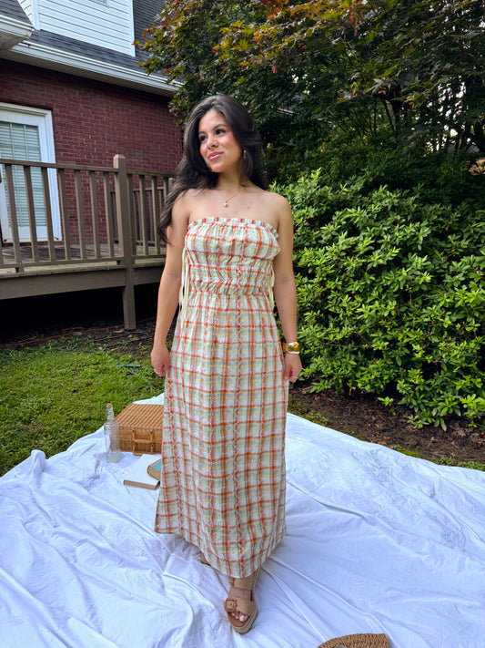 Sherbert Plaid Strapless Dress