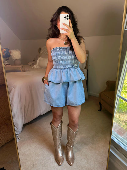 Denim Smocked Strapless Romper