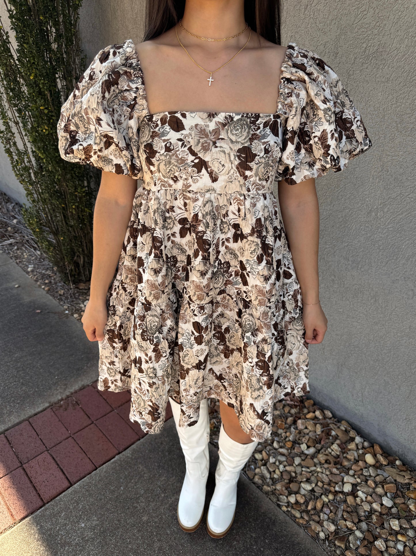 Brown Floral Jacquard Dress