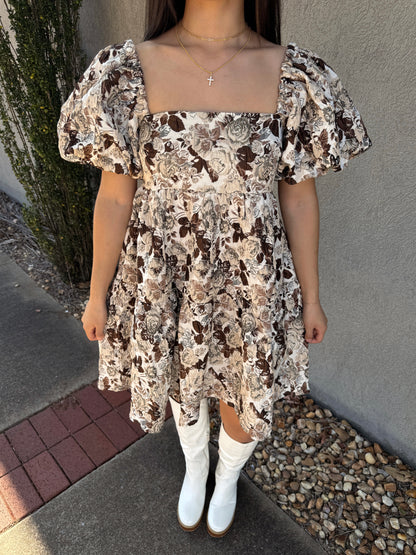 Brown Floral Jacquard Dress