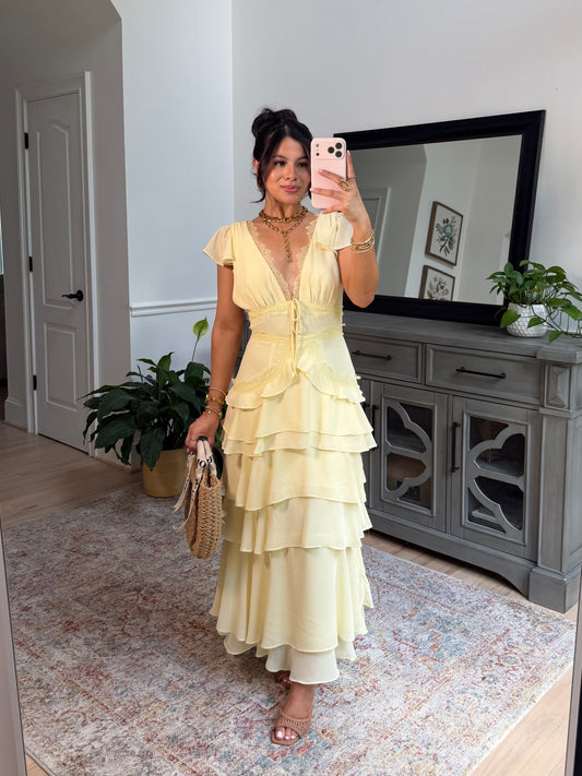Whimsical Lace Yellow Midi Dress