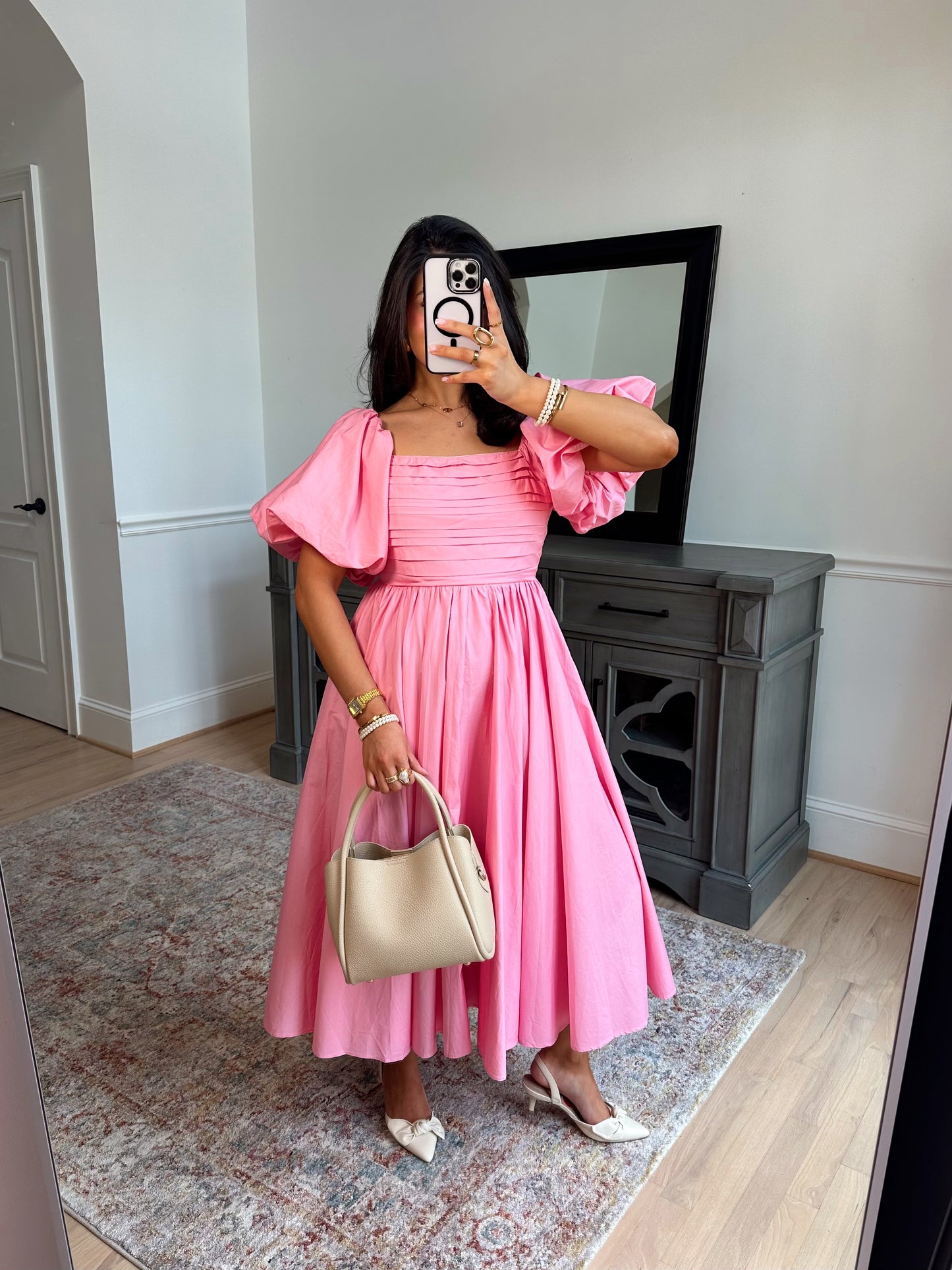 Pink Tulip Puff Sleeve Midi Dress