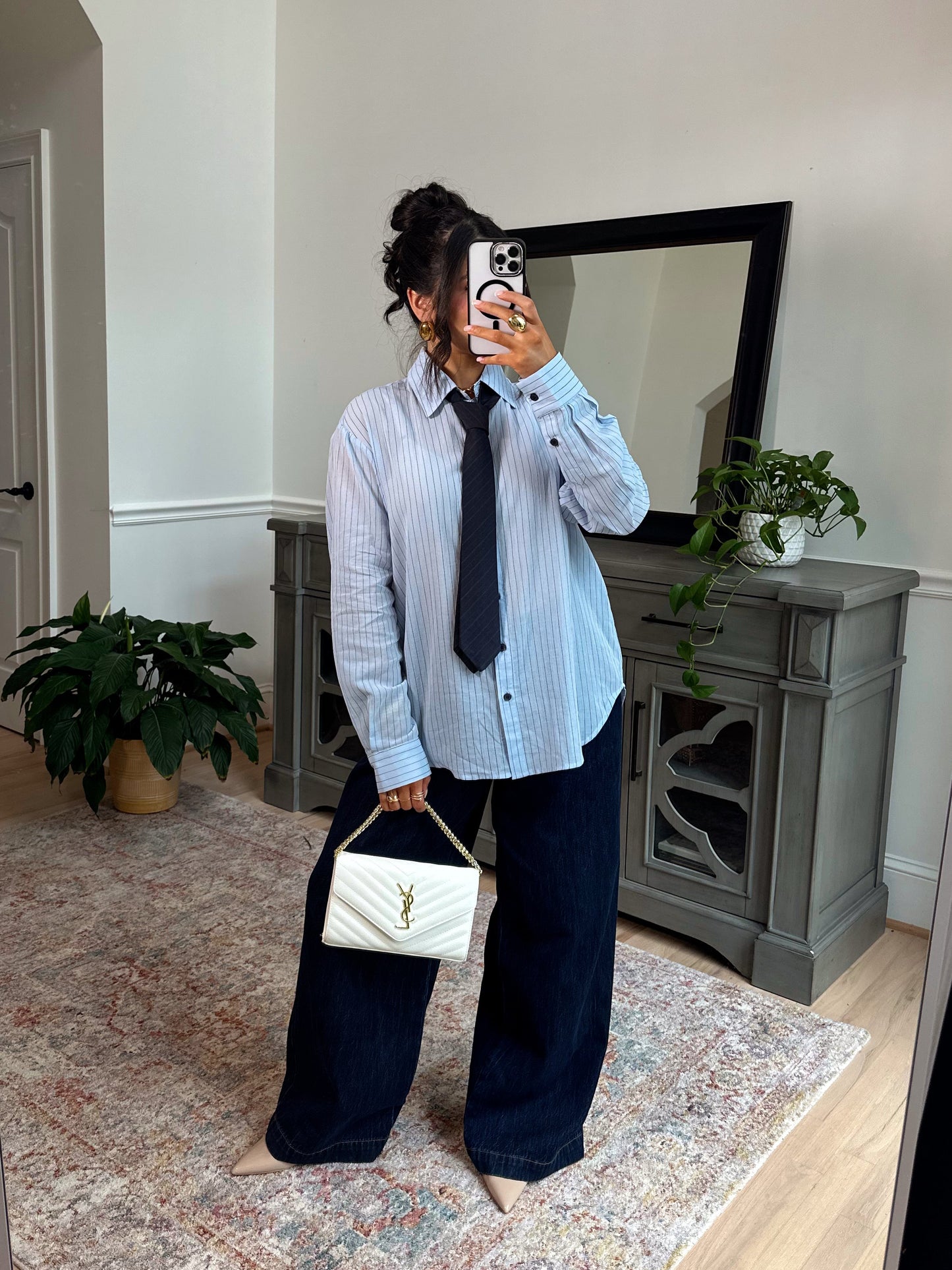 Power & Poise Pinstripe Blouse W/ Tie