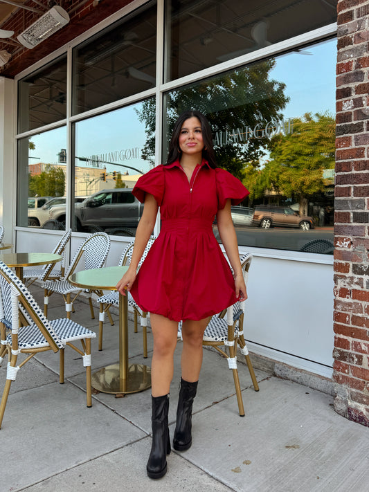 Deep Red Zip Up Bubble Dress