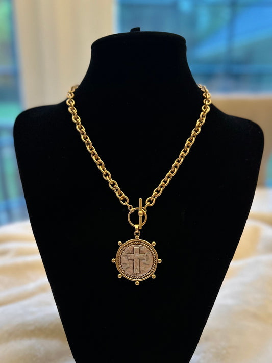 Stamped Cross Coin Matte Gold & Silver Necklace