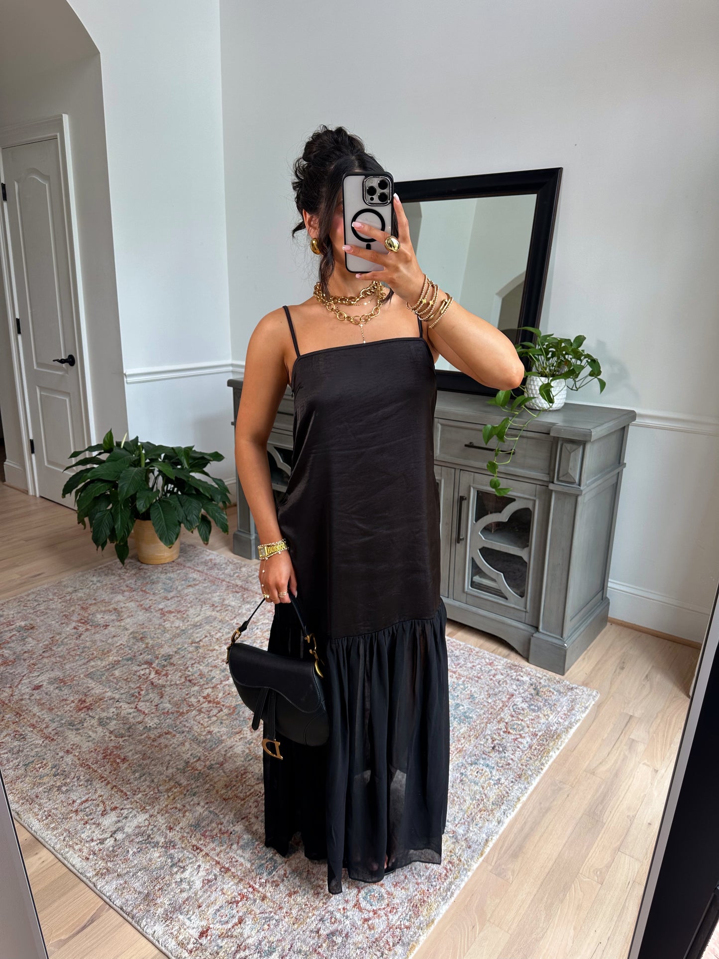 Statement Satin Chiffon Maxi Dress (Black)