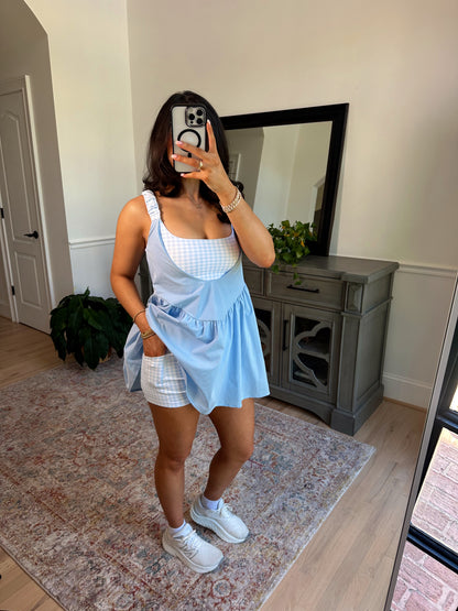 Sky Blue Gingham Active Romper Dress