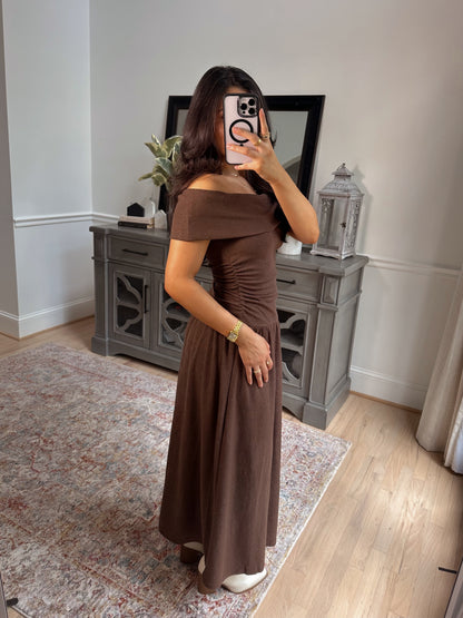 Oakwood Off-Shoulder Drop Waist Dress