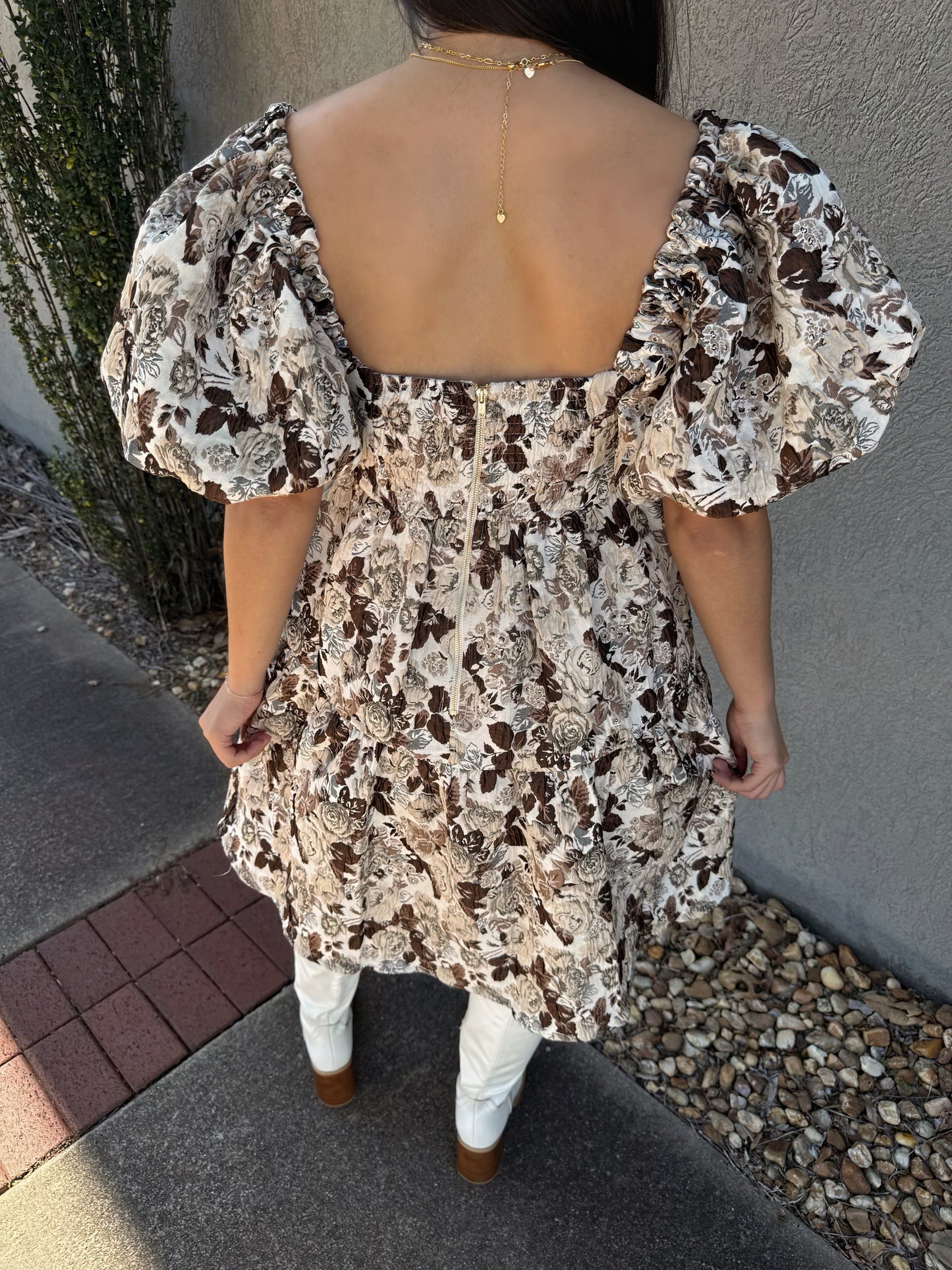 Brown Floral Jacquard Dress