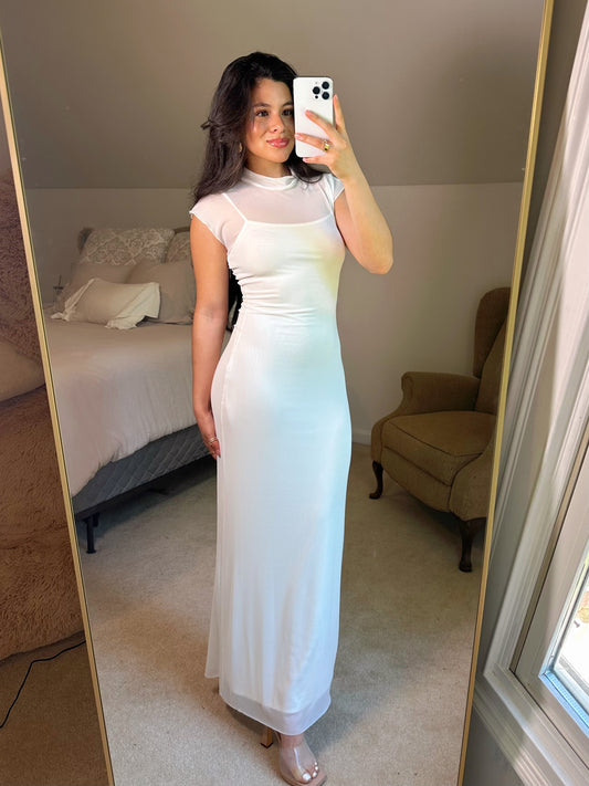 White Mockneck Mesh Maxi Dress