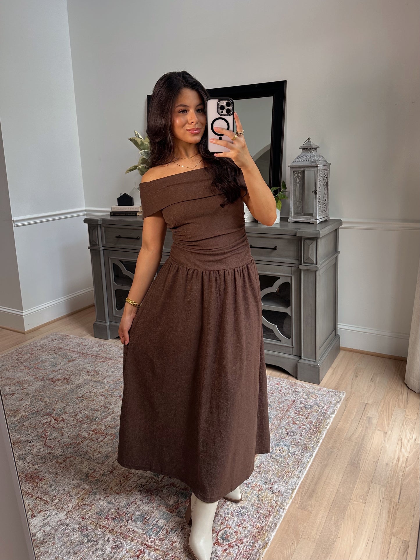 Oakwood Off-Shoulder Drop Waist Dress