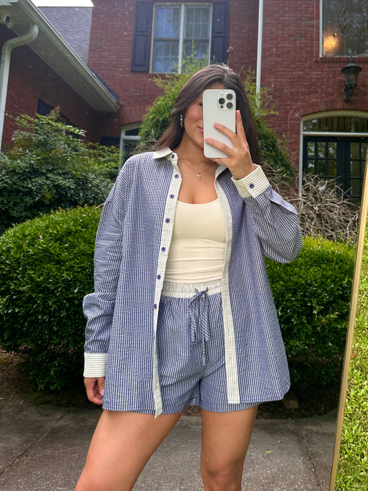 Navy & White Striped Button Up Top & Shorts Set