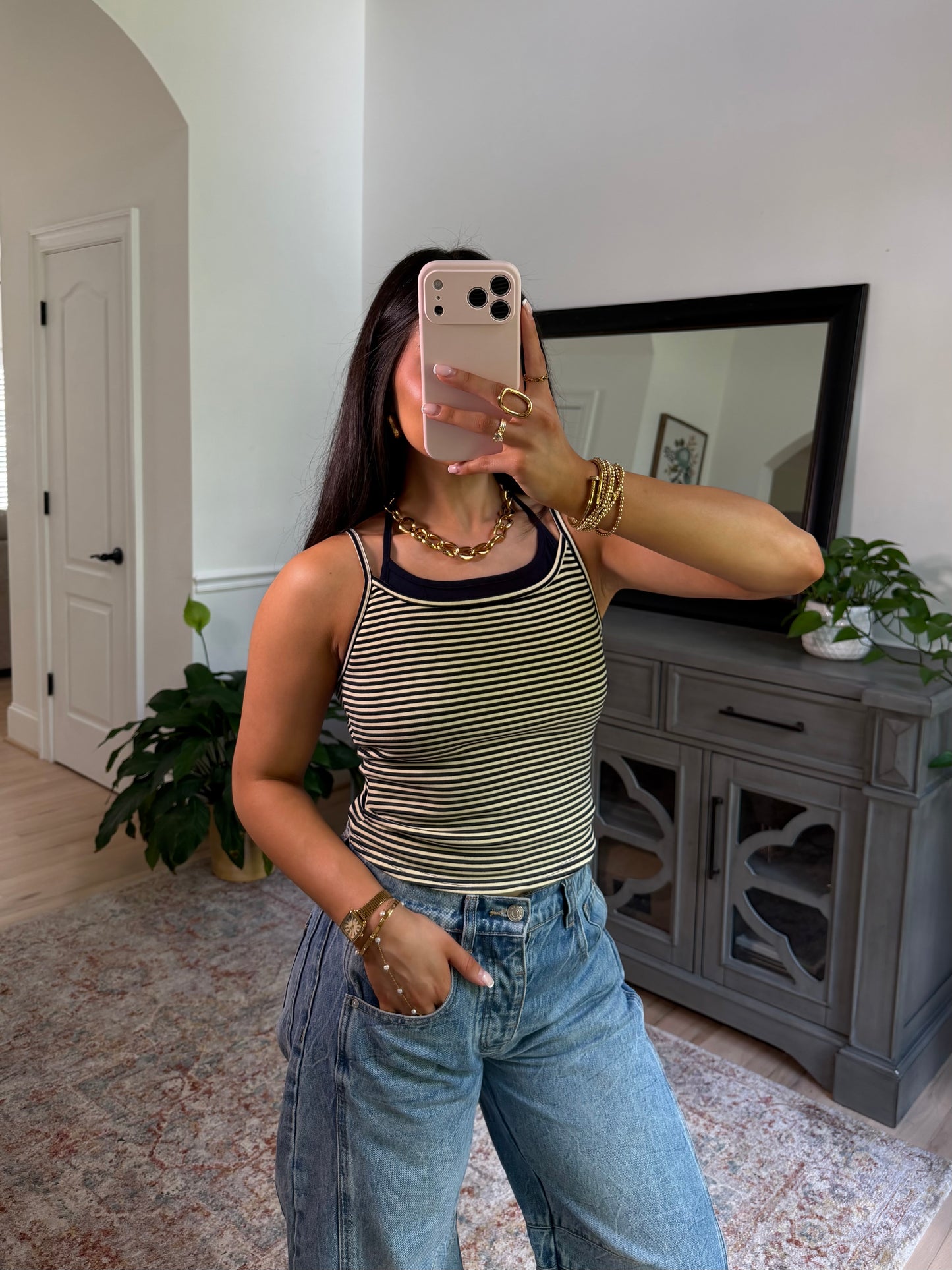 Butter/Navy Striped Double Layered Tank