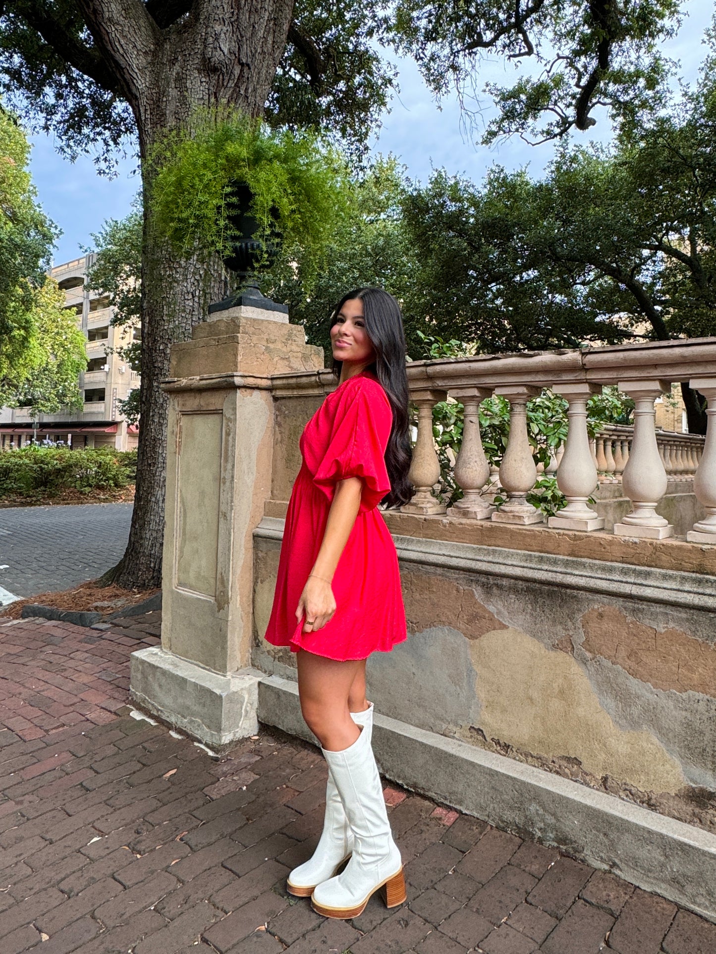 Red Puff Sleeve Flowy Mini Dress