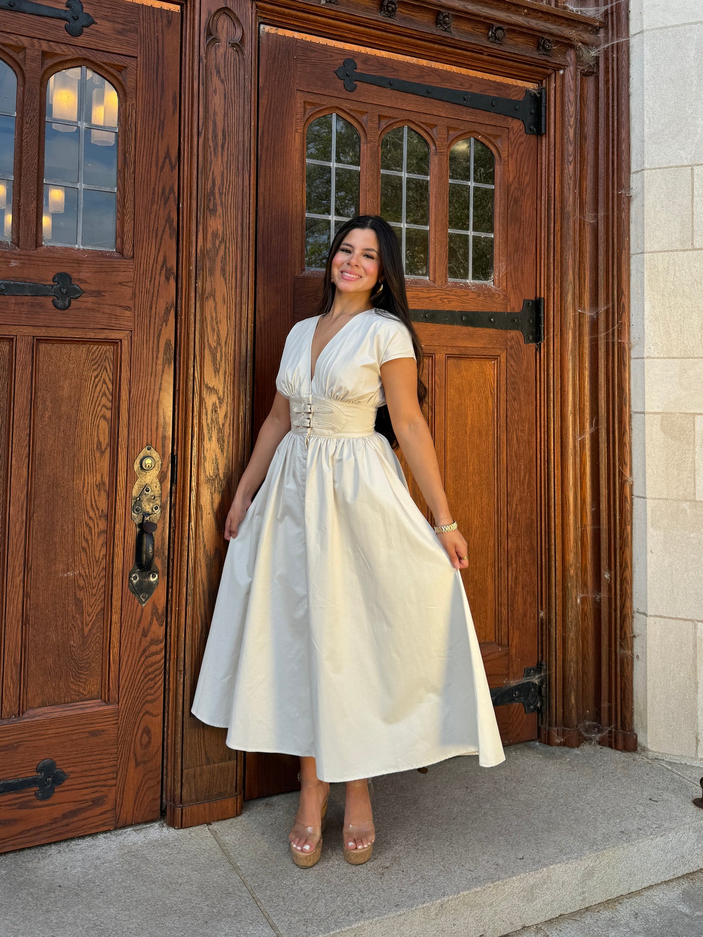 Beige Belted Buckle Dress