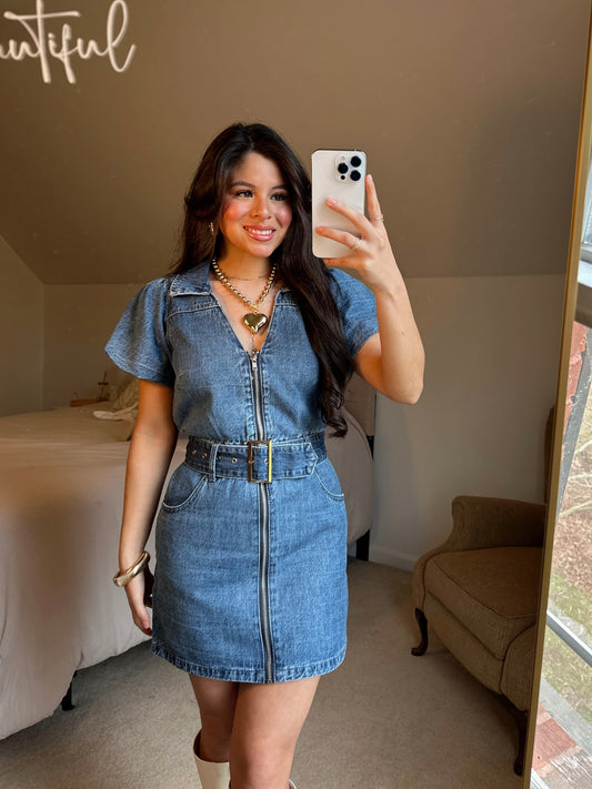 Denim Belted Zip-Up Dress