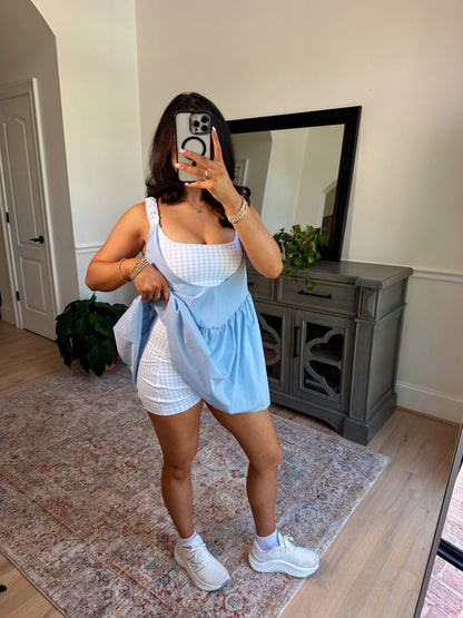 Sky Blue Gingham Active Romper Dress
