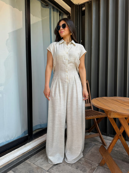 Linen Pinstripe Pleated Jumpsuit