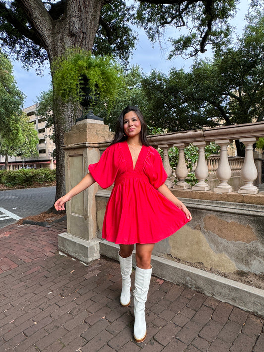 Red Puff Sleeve Flowy Mini Dress