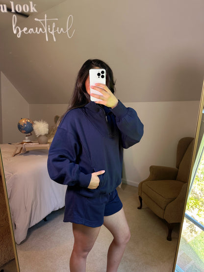 Navy Quarter Zip Sweater and Shorts Set