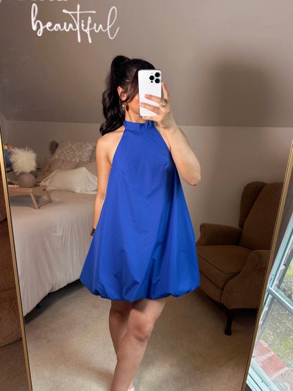 Blue Halter Neck Open Back Bubble Dress
