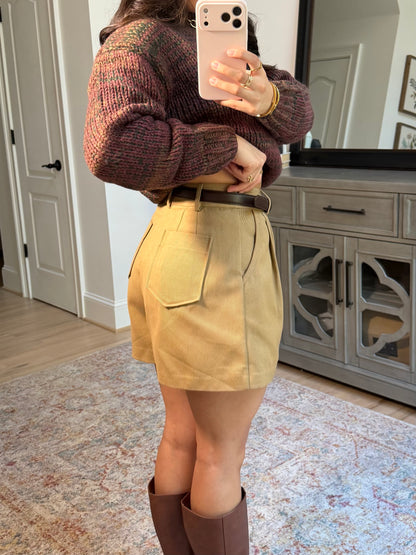 Khaki Pleated Tailored Shorts