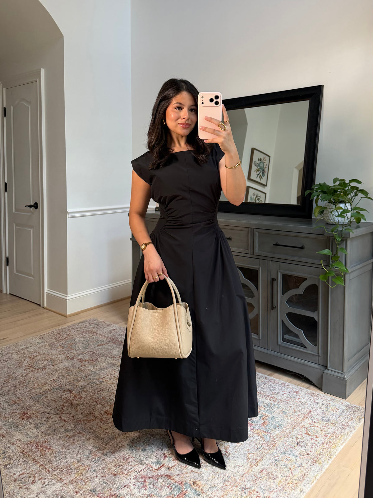 Black Magnolia Pleated Midi Dress