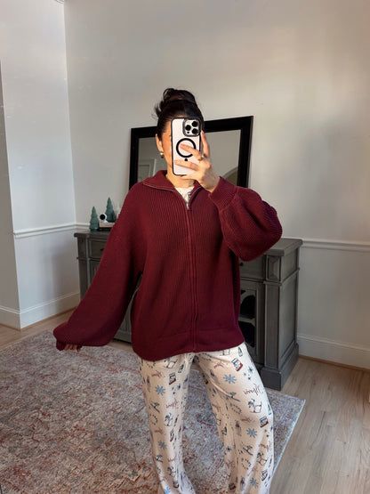 Burgundy Knit Zip Up Sweater