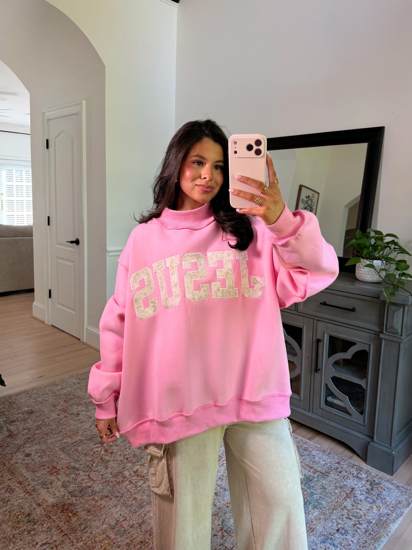 ‘JESUS’ Camo Embroidered Pink Mockneck