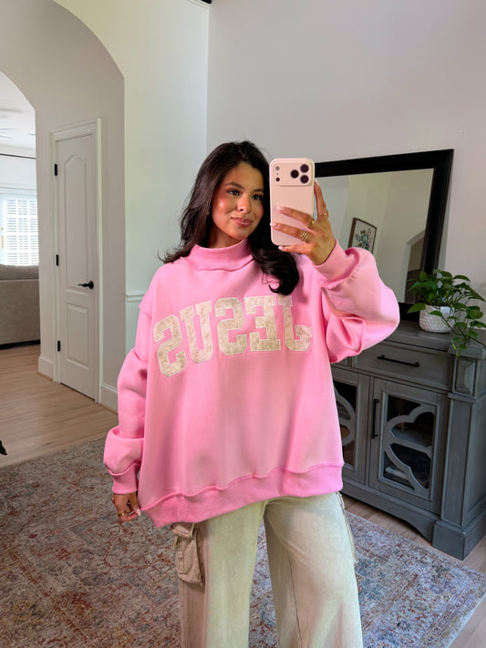 ‘JESUS’ Camo Embroidered Pink Mockneck