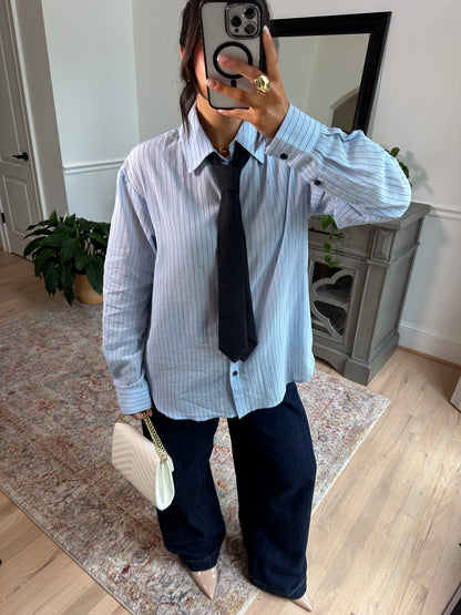 Power & Poise Pinstripe Blouse W/ Tie