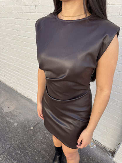 Dark Brown Pleather Ruched Dress