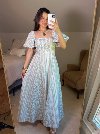 Blue Florals Puff Sleeve Maxi Dress