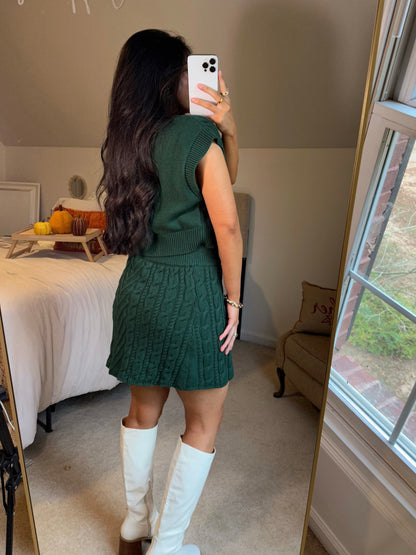 Dark Green Cable Knit Vest & Skirt Set