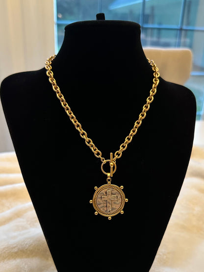Stamped Cross Coin Matte Gold & Silver Necklace