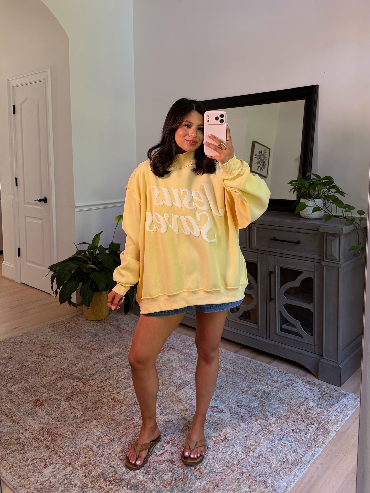 ‘Jesus Saves’ Puff Yellow Mockneck