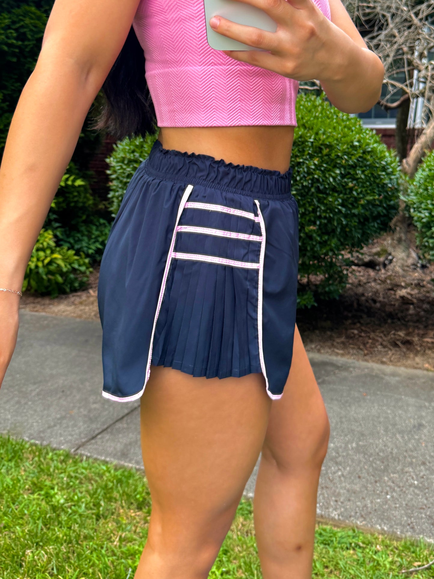 Navy & Pink Side Ruffle Shorts